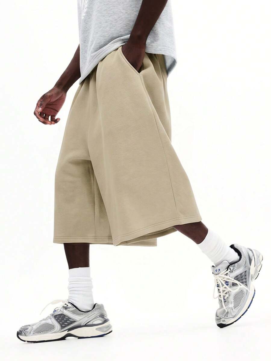 SUMWON Oversized Wide-Leg Fleece Shorts With Elastic Drawstring Waist And Side Seam Detail - Khaki - View 1