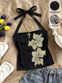 Sweetra Top de tirantes con cuello halter bordado talla grande - Negro - Ver 1