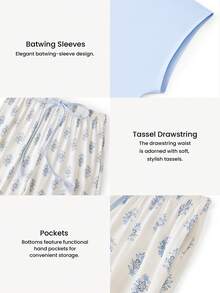 LUVLETTE Plus Size Natural Women's Cute Casual Light Blue Top & Patterned TrousersStyle Set Adorable Comfortable Lounge Wear Graphic - Blue - View 5