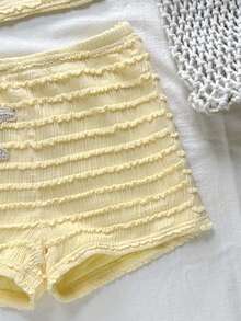 SHEIN Tween Girl Casual Vacation Cream Dopamine Color Asymmetric Textured Striped Starfish Decor Cropped Off-Shoulder T-Shirt & Shorts 2-Piece Set, Spring/Summer Outfit, Beachwear, Commute, Elegant, Beach, Bohemian, Hawaiian, Music Festival, Date - Yellow - View 6
