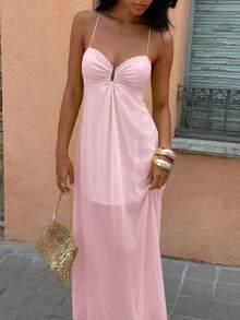 Aloruh Women's Solid Color Minimalist Daily Extra Long Dress - Baby Pink - View 5