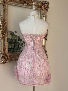 Lovelzi Pink Sequin Fabric Strapless 3D Floral Decor Bachelorette Party Wedding Graduation Season Vacation Afternoon Tea Outfit Prom Dress Cocktail Gown - Pink - View 3