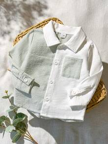 SHEIN Vintaside Kids 男嬰休閒百搭翻領前開扣左胸口袋長袖上衣多件組 - 綠色 - 查看 3