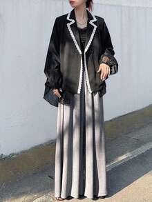 FRIFUL Women's Lace Contrast Trim Lapel Semi-Transparent Mesh Patchwork Jacket - Black - View 5