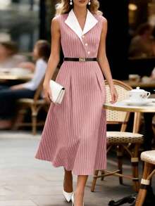 GlowEve Women's Pink Stripe Contrast Collar Cinched Waist A-Line Elegant Daily Commute Office Tea Party Teachers' Day French Vintage Spring Summer Shirt Dress - Multicolor - View 5