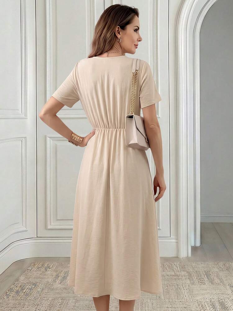 Summer New Women's V-Neck Design Faux Linen Short Sleeve Dress, Vacation Style A-Line Skirt Mid-Length Dress,Summer Dress,Holiday Outfits For Women