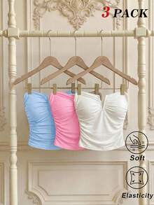 SHEIN MOD 加大码 3 件套 女士白色深 V 领褶皱吊带背心 - 彩色 - 查看 3