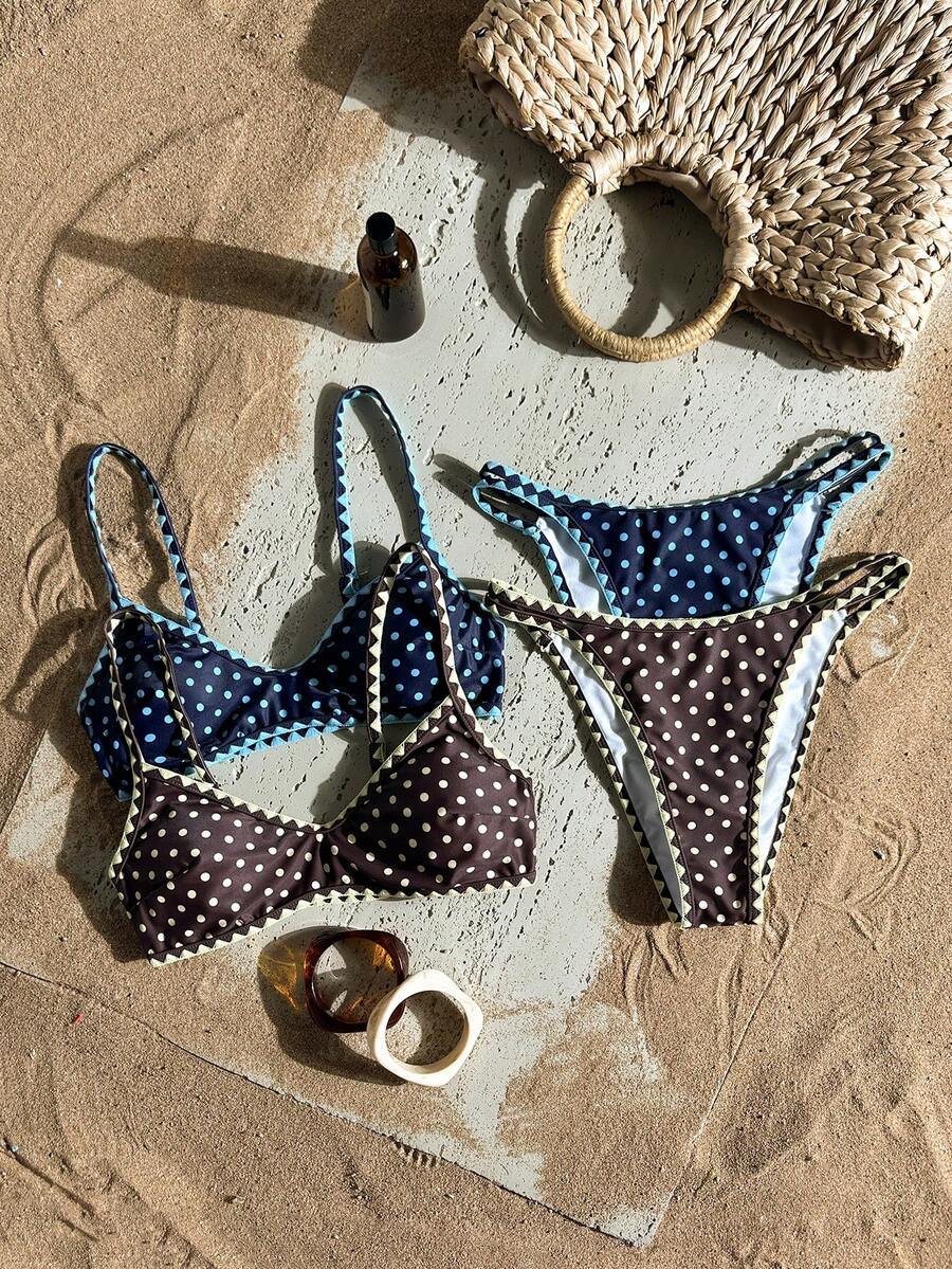 Swim Mod 2026SS 熱銷多色拼接促銷折扣棕色 & 藍色波點度假海灘休閒海邊女式泳衣套裝 - 彩色 - 查看 1