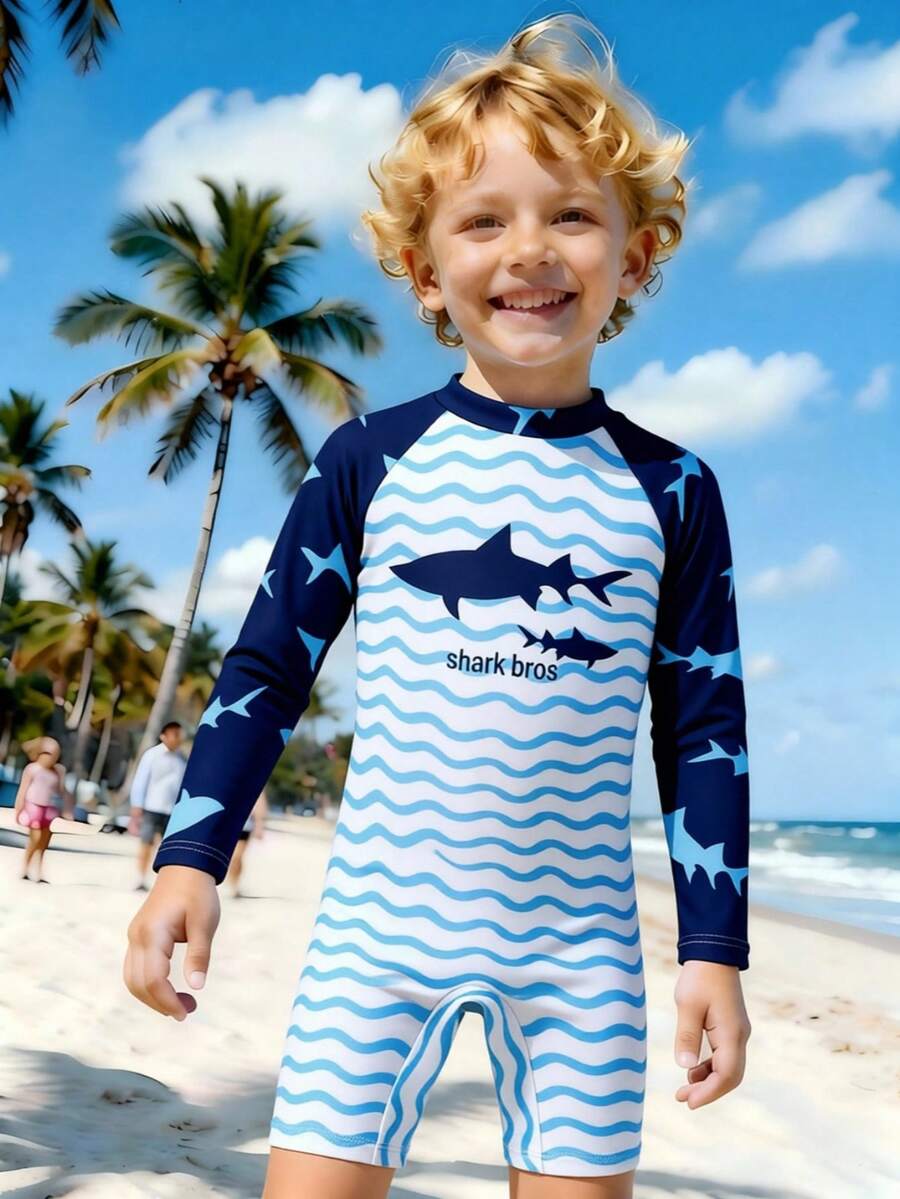 SHEIN 男童幼童海洋生物連身泳衣，清新白色底色搭配鯨魚與章魚彩色海洋印花，長袖百慕達短褲防曬泳裝，前開拉鍊方便穿脫，舒適面料，適合好動男孩，時尚實用，適合夏季泳池與海灘玩耍 - 彩色 - 查看 1