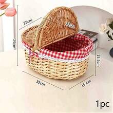 1 pieza Cesta de picnic de mimbre tejida a mano con tapa & asa, cesta tejida natural para almacenamiento de alimentos, camping, compras & decoración del hogar. Existe una ligera variación de color, sin impacto en el uso y la apariencia. - Cesta de picnic - Ver 11