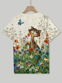 EMERY ROSE Women's Cartoon Cat Print Round Neck Short Sleeve T-Shirt - Multicolor - View 2