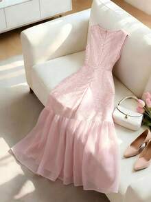 GlowEve Elegant Jacquard Patchwork Sleeveless Dress, Summer - Pink - View 2