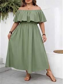 SHEIN CURVE+ Curve 尺码 US22 音乐节、海滨度假、波西米亚风黑色露肩宽松 A 字连衣裙、休闲度假连衣裙、黑色时尚连衣裙 - 橄欖綠 - 查看 2
