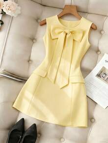 SHEIN Franclia Solid Color Round Neck Fitted Front Bow Sleeveless Women Dress - Light Yellow - View 1