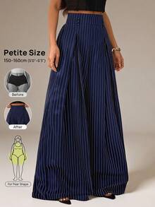 SHEIN PETITE 女士新款藏蓝色条纹西装裤，高腰优雅时尚高端褶裥弹力腰直筒宽松阔腿休闲裤，适合春秋季、日常通勤，百搭 - 藏蓝色 - 查看 3