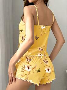 Softscene 女款花卉印花細肩帶上衣與短褲睡衣套裝 - 黃色 - 查看 2