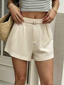INAWLY Women's French Style Pleated Pocket Casual Shorts, Suitable For Daily Commute And Office Brunch Vacation Wear Beige Summer - Apricot - View 4