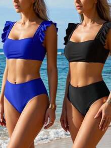 Swim Basics 女士纯色荷叶边比基尼套装，适合海滩度假 - 彩色 - 查看 1
