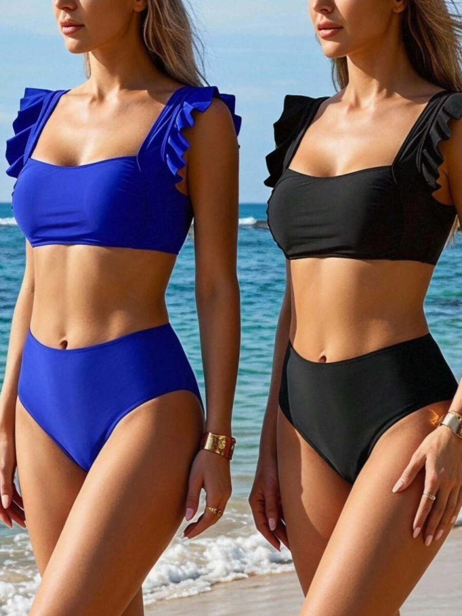 Swim Basics 女士纯色荷叶边比基尼套装,适合海滩度假 - 彩色 - 查看 1