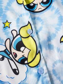 THE POWERPUFF GIRLS X SHEIN 女款卡通印花單排扣短袖上衣與休閒短褲睡衣套裝 - 藍色 - 查看 4