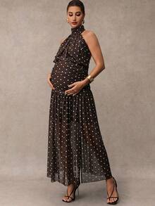 MaterniChic Maternity Summer Vintage Sexy Vacation Style Polka Dot Print Backless Knot Halter Neck Dress - Brown - View 7