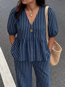 Enliva 女款休閒藍色條紋大尺碼花瓣袖上衣與寬鬆長褲兩件套，適合夏季、日常休閒、辦公室 - 彩色 - 查看 6