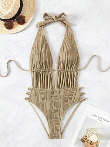 Swim SXY 女款紋理時尚掛脖綁帶性感一件式泳衣 - 卡其色 - 查看 3