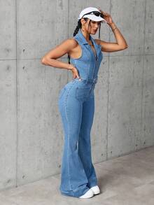 SHEIN EZwear 女款夏季休閒無袖牛仔連身褲 - 藍色 - 查看 3