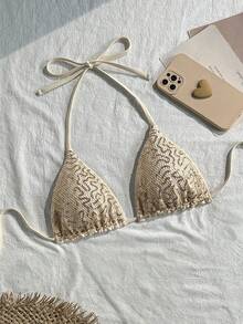 Costavie Solid Color Sequin Textured Fabric Halter Neck Triangle Cup Bikini Top, Sexy Women's Swimwear Top For Spring/Summer Beach Vacation - Apricot - View 2