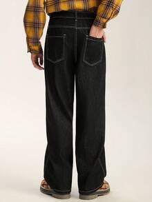 Limitiso Men's Casual Fashion Street Contrast Stitch Loose Wide-Leg Jeans, Belt Not Included, Grunge - Black - View 2