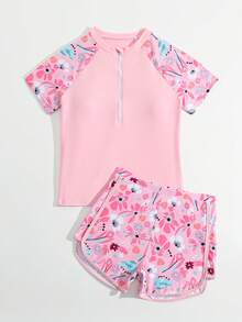 SHEIN 青少年女孩坦基尼比基尼套裝，紫色短袖上衣與短褲2件式泳衣，時尚休閒優雅淑女泳裝，適用於游泳、夏季度假、海灘、海邊、泳池、夏季假期派對 - 粉色 - 查看 3