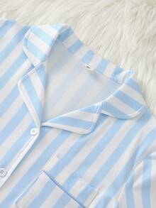 Girls' Pink And White Vertical Striped Short Sleeve Pajama Set, Sweet And Fresh Open Front Lapel Top With Wavy Hem And Leg Openings, Embroidered Casual Comfortable Loungewear For Spring And Summer - Blue - View 5