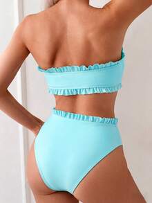 Swim Mod Women's Summer Beach Solid Color Ruffle Trim Bandeau Bikini Set With Front Knot, Two Pieces Swimwear Black Bathing Suits - Mint Green - View 2