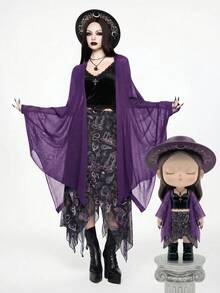ROMWE Goth Cardigan fin en maille transparente vintage à manches chauve-souris sombres et ourlet asymétrique - Prune - Voir 10