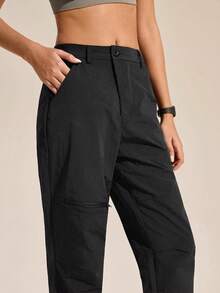 Exploreva Exploreva Celana Panjang Kasual Luar Ruangan Wanita Warna Polos dengan Kancing dan Kantong - Hitam - View 7