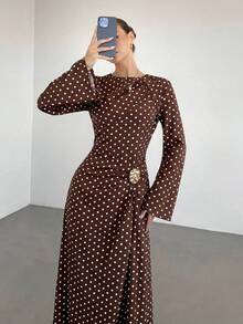 Siren Gaze 女款素色扭結細節前金屬扣飾喇叭長袖洋裝，女款婚禮賓客洋裝，女款冬季洋裝 - 棕色 - 查看 5