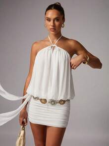 Avenya Women's White Halter Neck Mini Dress, Sheer Chiffon Flowy Skirt - White - View 8