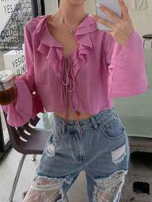 DAZY Women's Spring/Autumn Casual Vacation Style Solid Color Multi-Layer Ruffle Tie-Knot Flared Sleeve Cropped Top - Pink - View 1