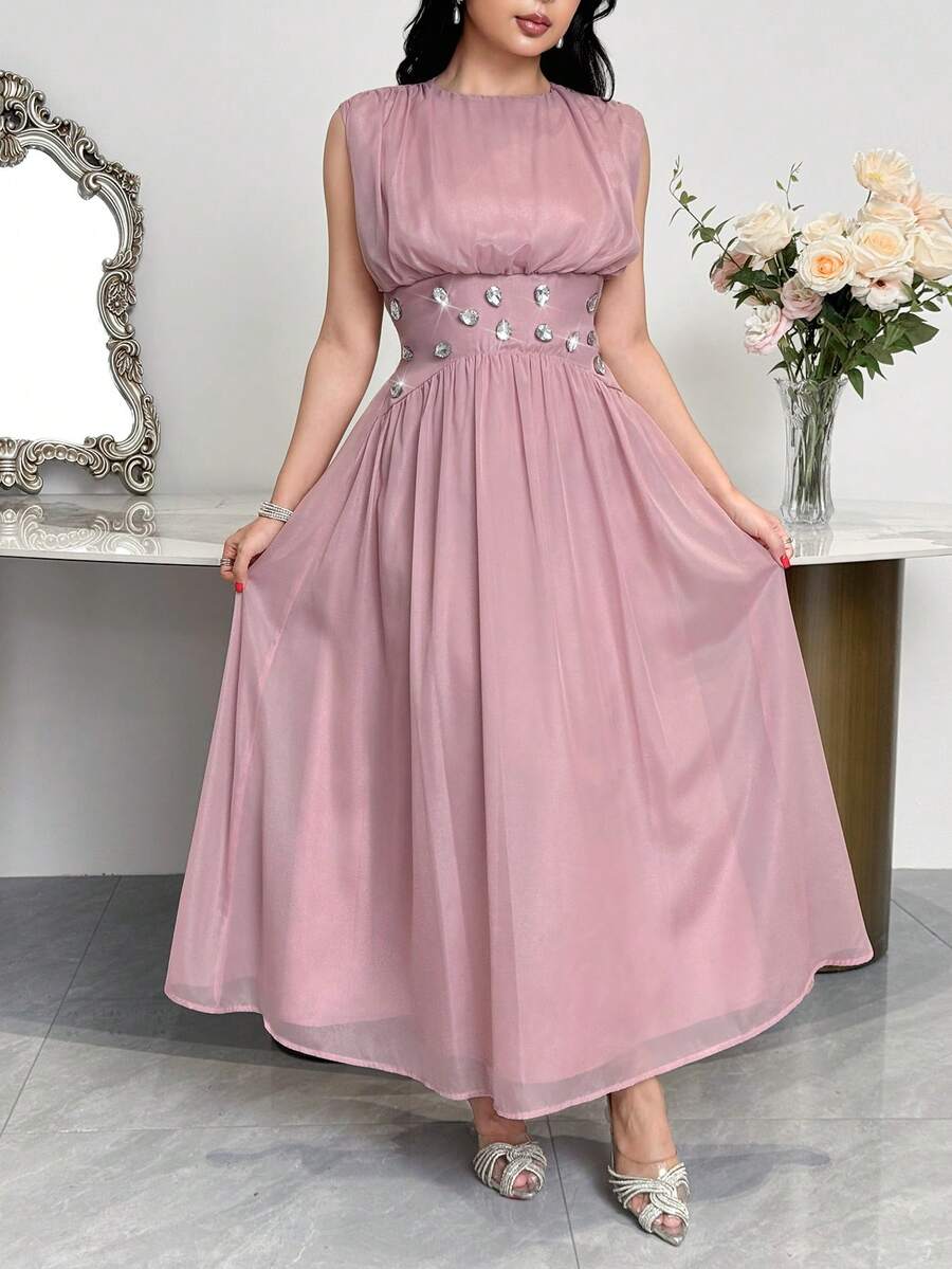 Feyla New Waist-Cinched Pleated Exquisite High-End Rhinestone Decorated Romantic Glamorous Banquet Formal Light Evening Dress Elegant Dusty Pink Summer