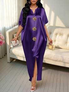 SHEIN Lady 四季皆宜的节日礼服/婚礼宾客/礼服/舞会礼服/金色/晚宴礼服/金色女士缎面提花前开衩连衣裙，休闲派对优雅 - 紫色 - 查看 5