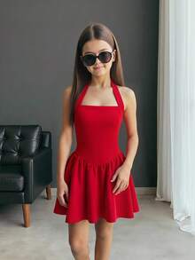 Firerie Kids Firerie Kids 少女休闲优雅红色针织吊带修身荷叶边A字连衣裙，适合情人节、万圣节、派对、郊游、返校季穿着 - 紅色 - 查看 1