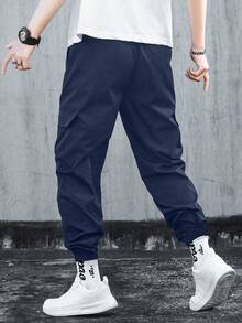 Manfinity Homme 男士休闲抽绳口袋裤，简约日常穿着 男士海军蓝休闲裤，秋季 - 藏蓝色 - 查看 2
