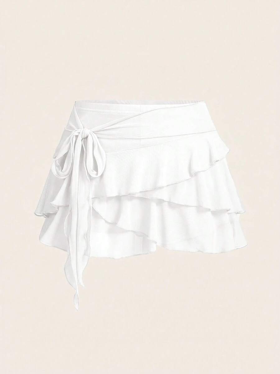 SHEIN ICON Women's Multi-Layer Ruffle Trim Low Rise Y2K Boho Mini White Skirt Beach Autumn - White - View 1