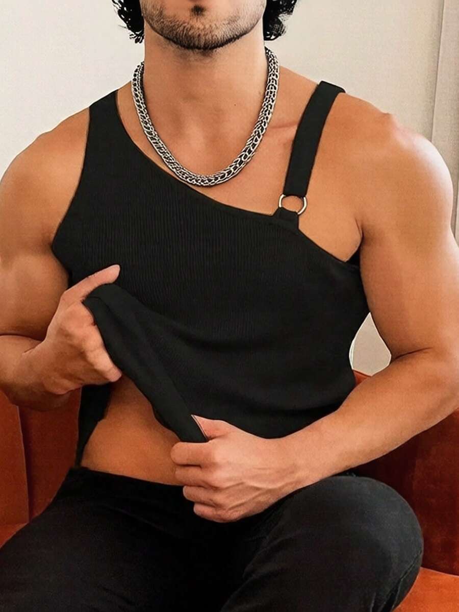 Manfinity Dauomo Men's Solid Color Oblique Shoulder Sleeveless Slim Fit Casual Asymmetrical Hollow Out Tank Top - Black - View 1