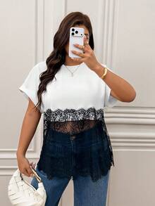 Femmeverse Plus Size Women's Spring/Summer Fashion Loose Elegant Casual Lace Patchwork Color Block Short Sleeve T-Shirt Date Night White - Black and White - View 8