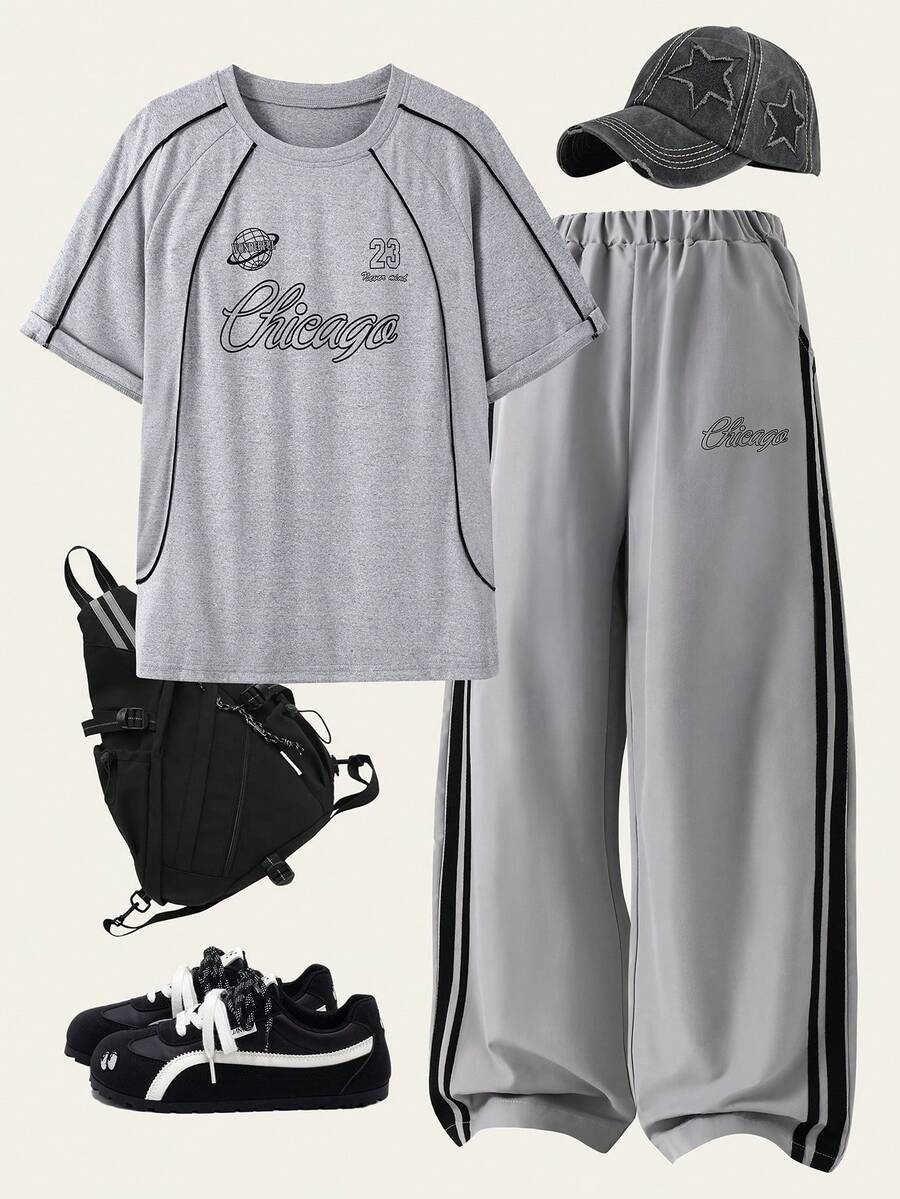 SHEIN Teen Boys Crew Neck Casual Letter Print T-Shirt And Sweatpants Set - Grey - View 1