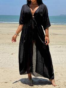 Swim Lushoire Plus Size 2026 Spring/Summer New Long Sexy Boho Casual Beach Front Tie Kimono Cover Up - Black - View 1