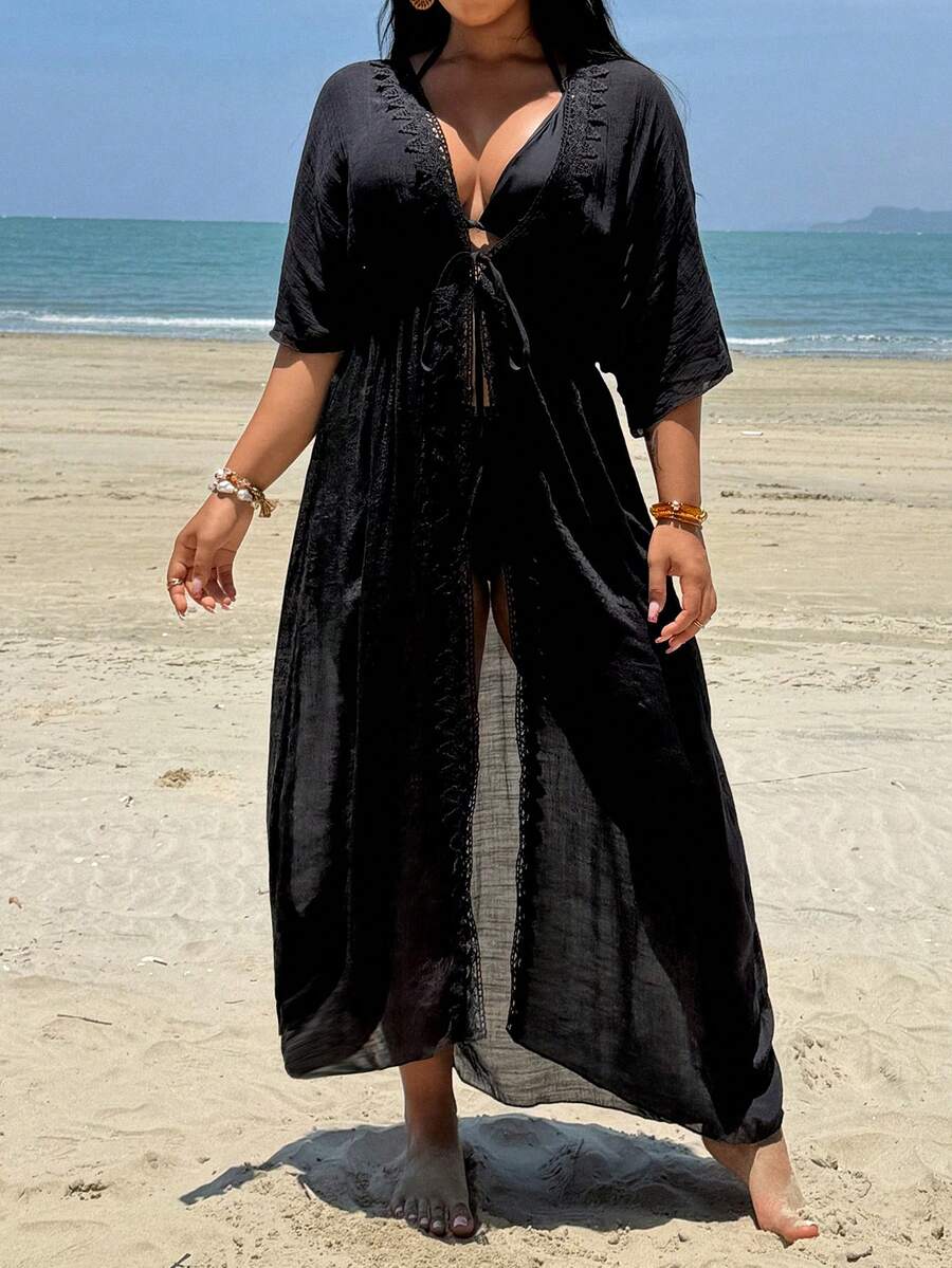 Swim Lushoire Plus Size 2026 Spring/Summer New Long Sexy Boho Casual Beach Front Tie Kimono Cover Up - Black - View 1