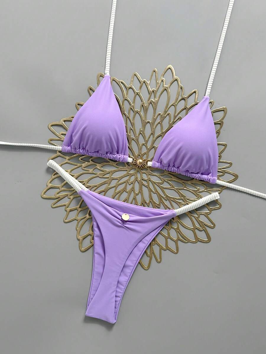 Swim Mod 女款春夏新款防曬金屬裝飾素色V領掛脖露背三角上衣性感T背比基尼泳衣兩件組 - 淡紫色 - 查看 1
