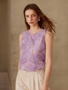 MOTF PREMIUM Atasan wanita elegan bergaya Prancis dengan motif gelombang bordir tebal. - Mauve Purple - View 5